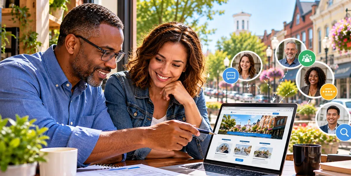 Web designer and small-business owner reviewing a website layout together on a laptop, with customer profiles illustrating the importance of user-focused website design.