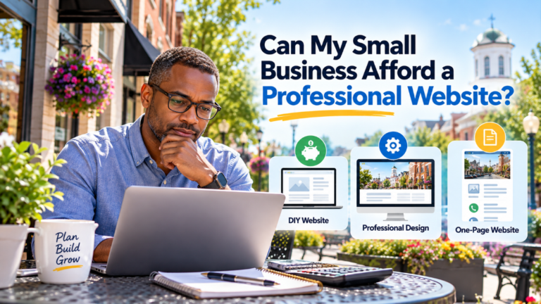 Small-business owner reviewing website options on a laptop, with graphics illustrating DIY website building, professional web design, and a one-page website.