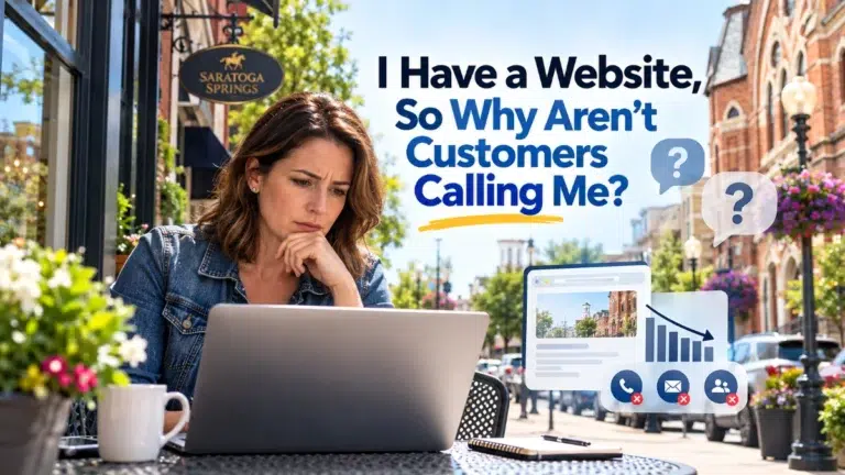 A concerned small-business owner reviews her laptop on a Saratoga Springs-style downtown street, with graphics illustrating declining website inquiries and missed customer calls.
