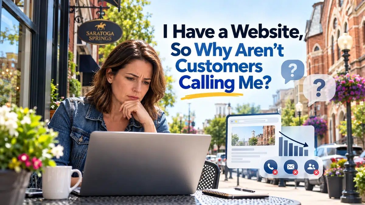 A concerned small-business owner reviews her laptop on a Saratoga Springs-style downtown street, with graphics illustrating declining website inquiries and missed customer calls.